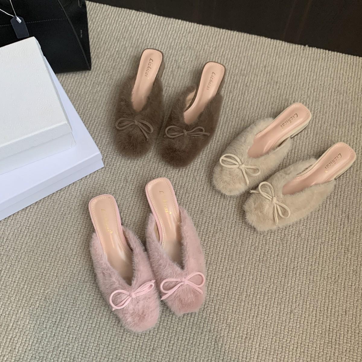 

2025 new autumn and winter fluff foot bow half drag thick heel lazy niche temperament women s trendy shoes 39 кофейный