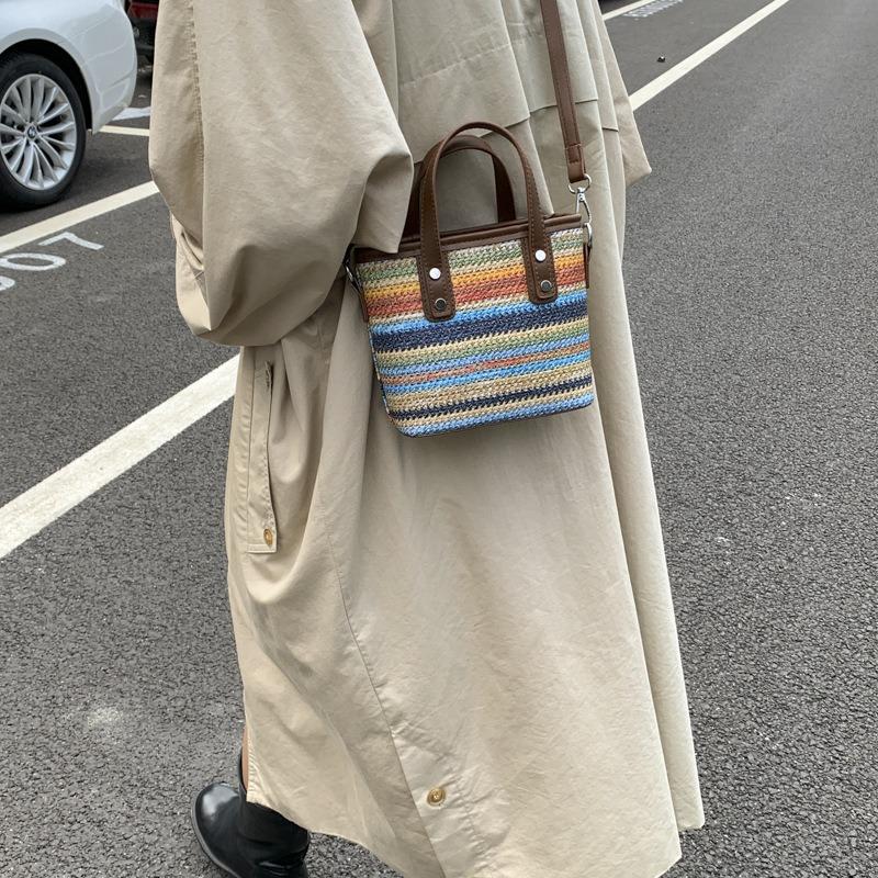 Textured Vacation Style Woven Rainbow New Trend Personality Large Capacity Fashion Straw Shoulder Handbag