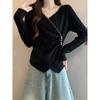 Plus-Size French-Style V-Neck Long-Sleeve T-Shirt for Women, Spring and Autumn, Slim-Fit, Waist-Cinching Knit Top for Curvy Figures