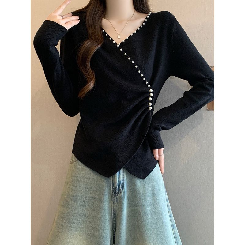 Plus-Size French-Style V-Neck Long-Sleeve T-Shirt for Women, Spring and Autumn, Slim-Fit, Waist-Cinching Knit Top for Curvy Figures