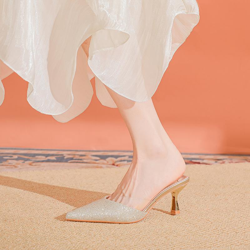 Champagne bag head half slippers female simple temperament versatile sandals stiletto high heels slippers large size