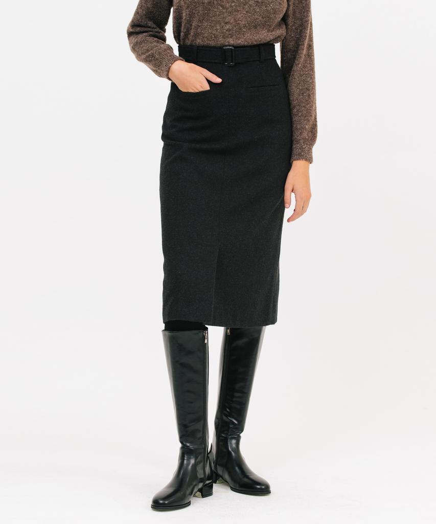 JUN BY JUN K Belted Wool H-Line Skirt_Black
