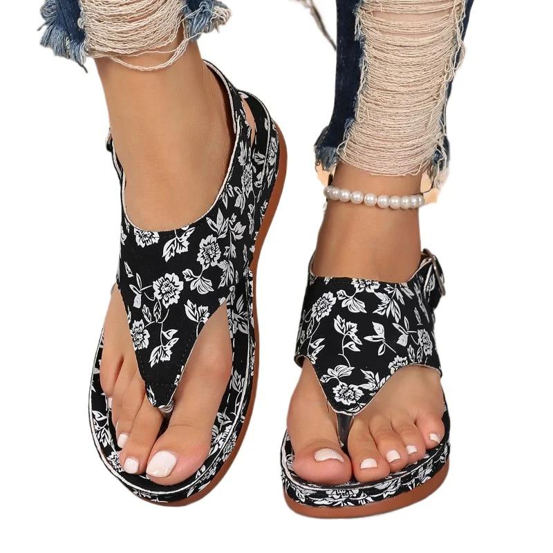 Fashion Female Shoes 2025 Plus Size Flip Flops Women's Sandal Outdoor Casual Sandal Women Print Round Toe Buckle Strap Wedge Shoes Women