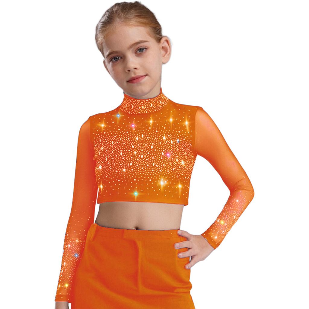 Dívčí průhledný síťovaný crop top s dlouhým rukávem a rolákem, lesklé kamínky, klíčová dírka vzadu, kostým pro lyrický tanec