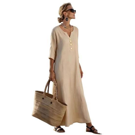 Loose Maxi Dress for Women,  3/4 Sleeve Button Up V Neck Casual Long Dress, Summer Flowy Beach Sundress
