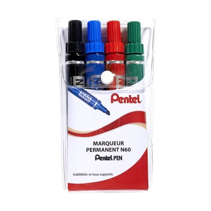 Pochette de 4 marqueurs permanents N60 biseauté trait de 3,9 - 5,7 mm - Coloris assortis