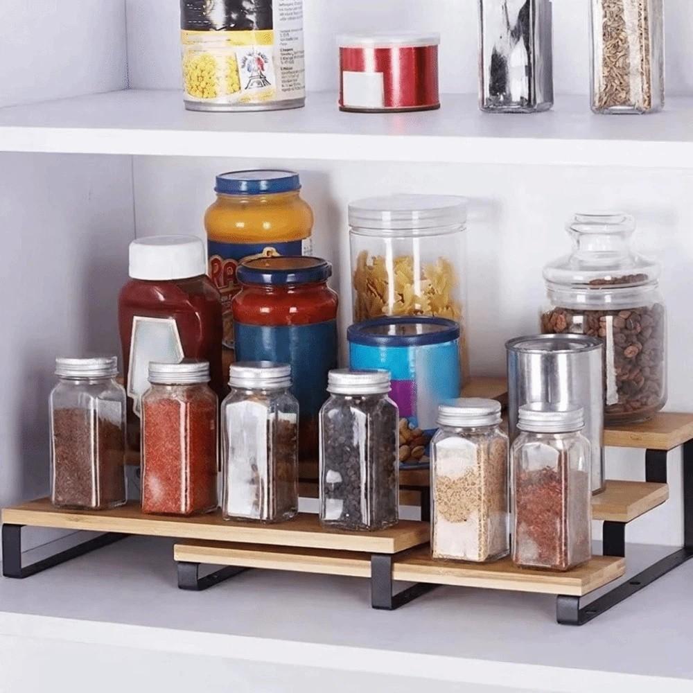 Large Capacity Expandable Step Storage Rack Bamboo Spice Condiment Shelf Cabinet