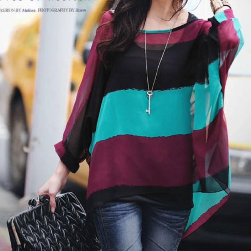 

Полосатые шифоновые туники блузки для женщин летучая мышь летние рубашки в стиле бохо пляжные накидки One Size