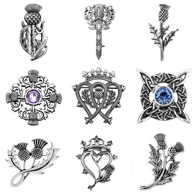 Retro Scottish Thistle Brooch with Crown & Heart Scarf Pin