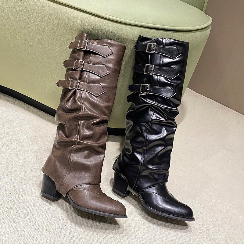Fashion Knee-high Square Heel Modern Boots Autumn Slip-on Ladies Shoes On Sale 2025 High Quality Pointed Toe High Heel Punk Women Boots