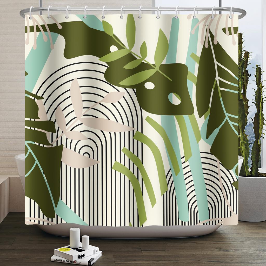 Mid Century Abstract Boho Shower Curtain Green Leaf Plant Modern Arch Sun Minimalist Nordic Waterproof Bathroom Bath Curtain