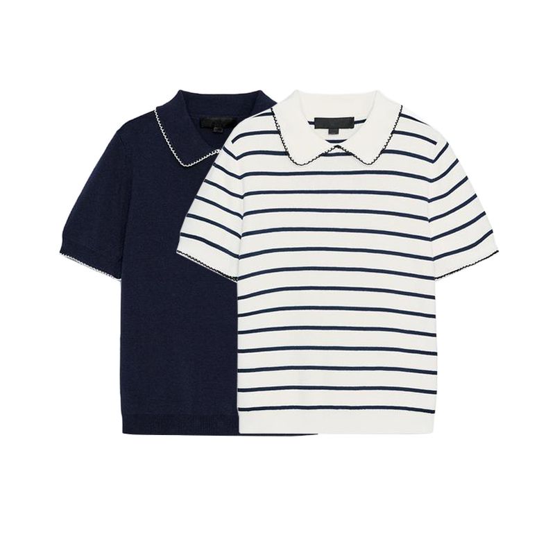Summer Women's Clothing Preppy Style Color Contrast Patchwork Trim Short Sleeve Lapel Casual Knitting Tops 2142040