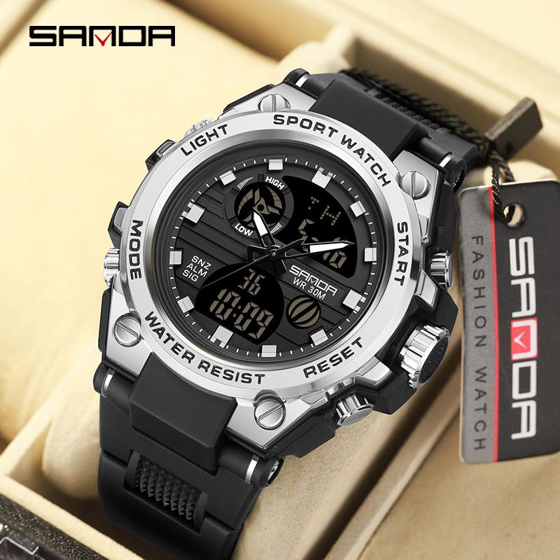 Sanda Multifunctional Sports Watch for Teen Boys: Dual Display, Luminous, Waterproof, with Alarm