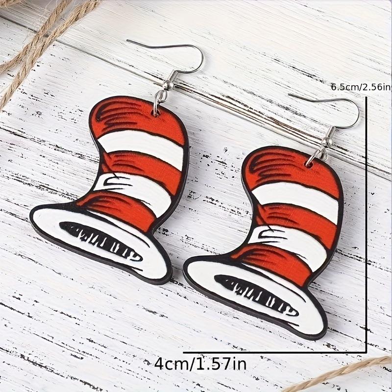 Cartoon cute wooden red and white splicing hat earrings retro simple ladies pie vacation gift