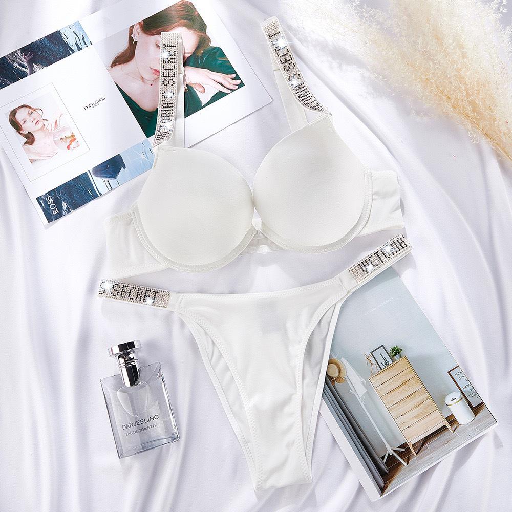 Plus Size European & American Light Luxury Diamond Strap Push-Up Bra & High Cut Panty Set