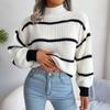 Women's Jumper Casual Striped Lantern Sleeves Knit Sweater Half High Neck Warm Pullover Knitwear Tops Knit Jumper