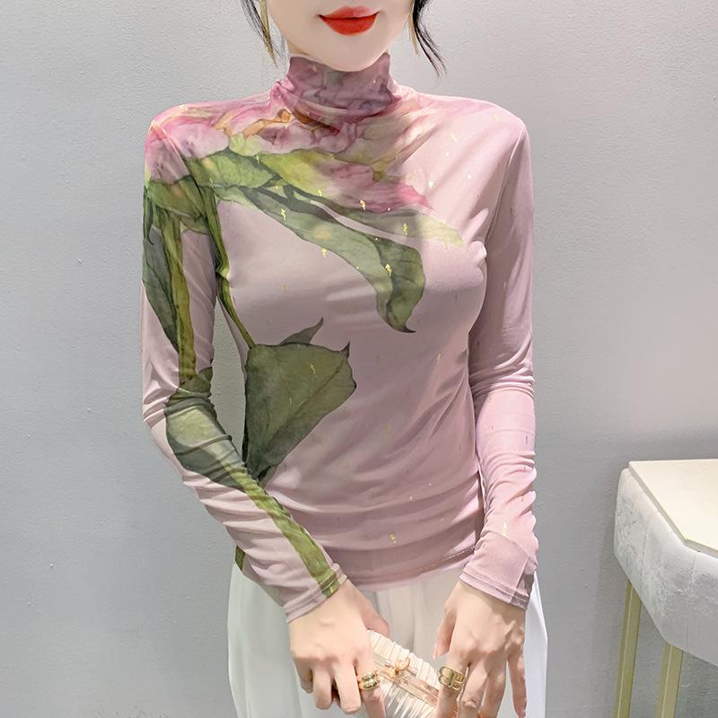 Women's Autumn 2023 Mesh High Neck Printed Long Sleeve Top