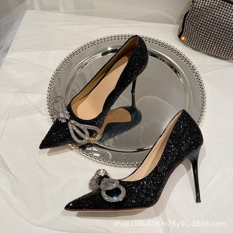 Silver high heels women's 2025 new design sense niche rhinestone thin heel pointed sequin crystal bridal wedding shoes