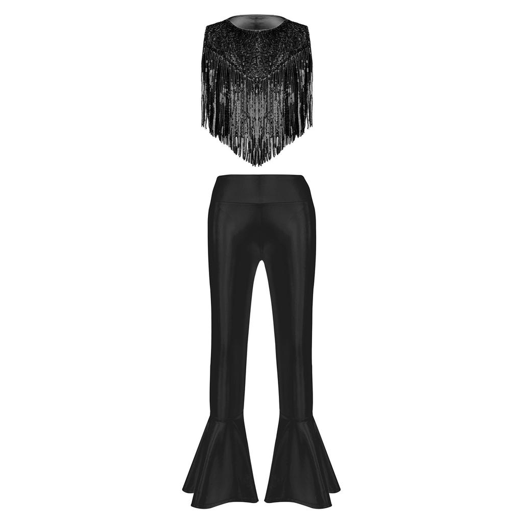 Girls Disco Outfit Metallic Sequins Sleeveless Round Neck Top Tassels Decoration High Waist Bell Bottom Pants