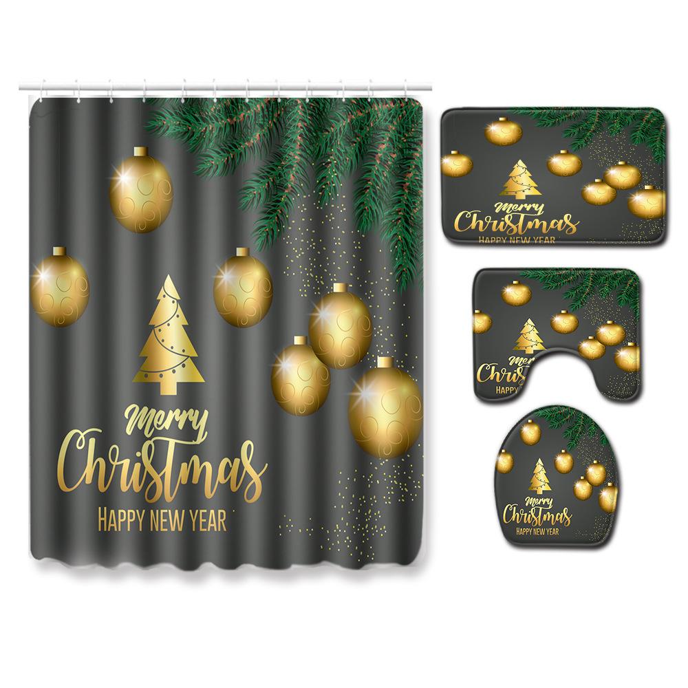 Christmas Bathroom Non-Slip Door Mat, Shower Curtain Floor Mat Combination Four-Piece Toilet Absorbent Carpet