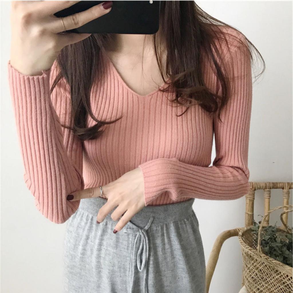 V-neck Sweater, Knitted Sweater, Women's Sweater, Stretch Sweater, Pullover Sweater, Slim Fit Sweater, Base Coat, Inner Layer, Top Coat