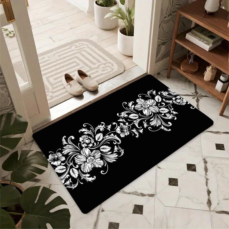 

Black & White Floral Doormat Non-Slip Entryway Rug Vintage Ornate Flower Floor Mat for Home Entrance Indoor Outdoor Use 40x60cm