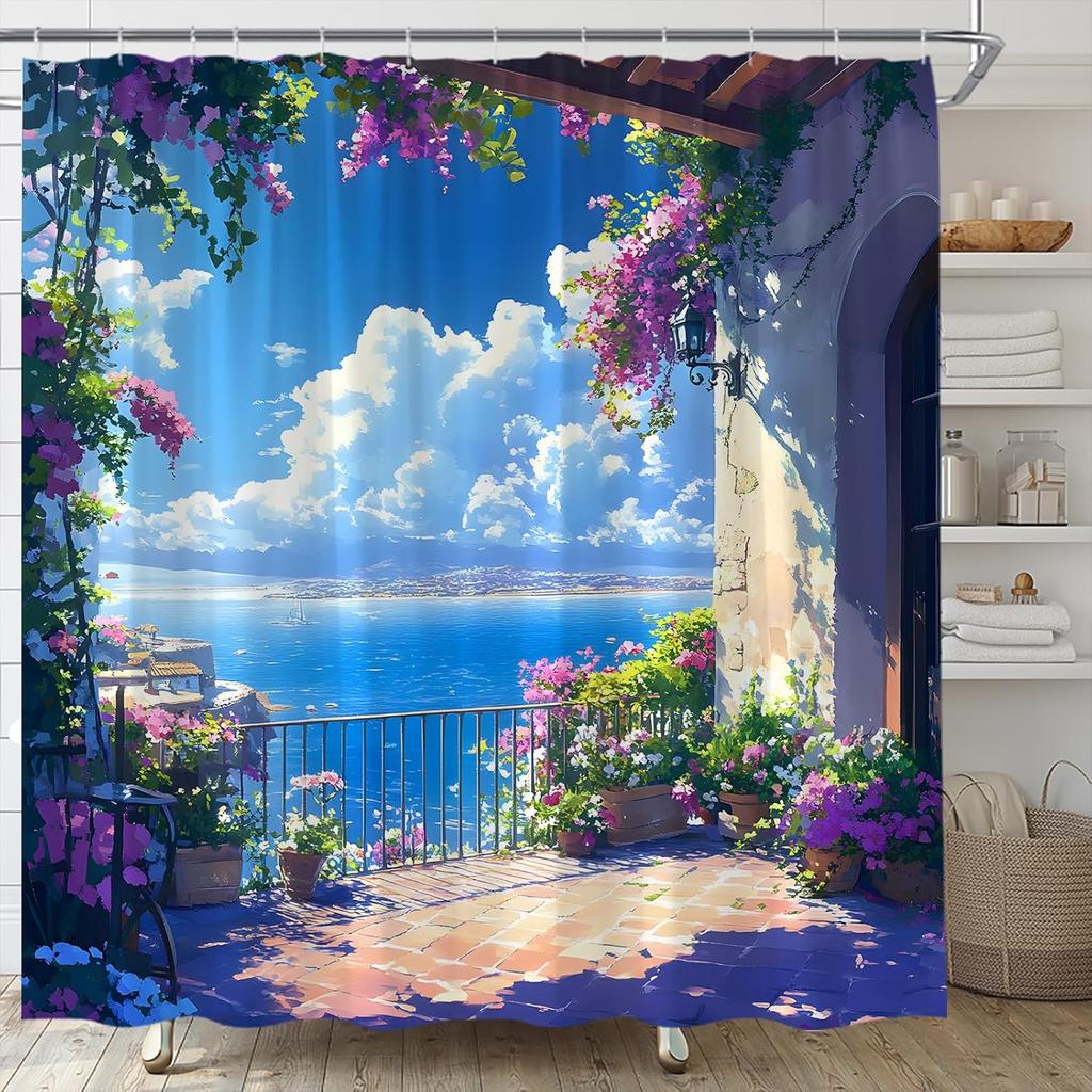 Greek Alley Shower Curtain Whitewashed Walls Terracotta Pots Flowers Polyester Machine Washable With 12 Hooks For Bathroom Decor
