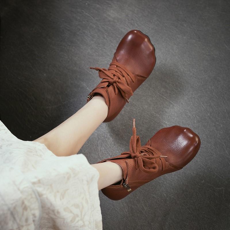 Johnature Genuine Leather Side Zipper Round Toe Coarse Heel Short Boots Versatile Women's Shoes