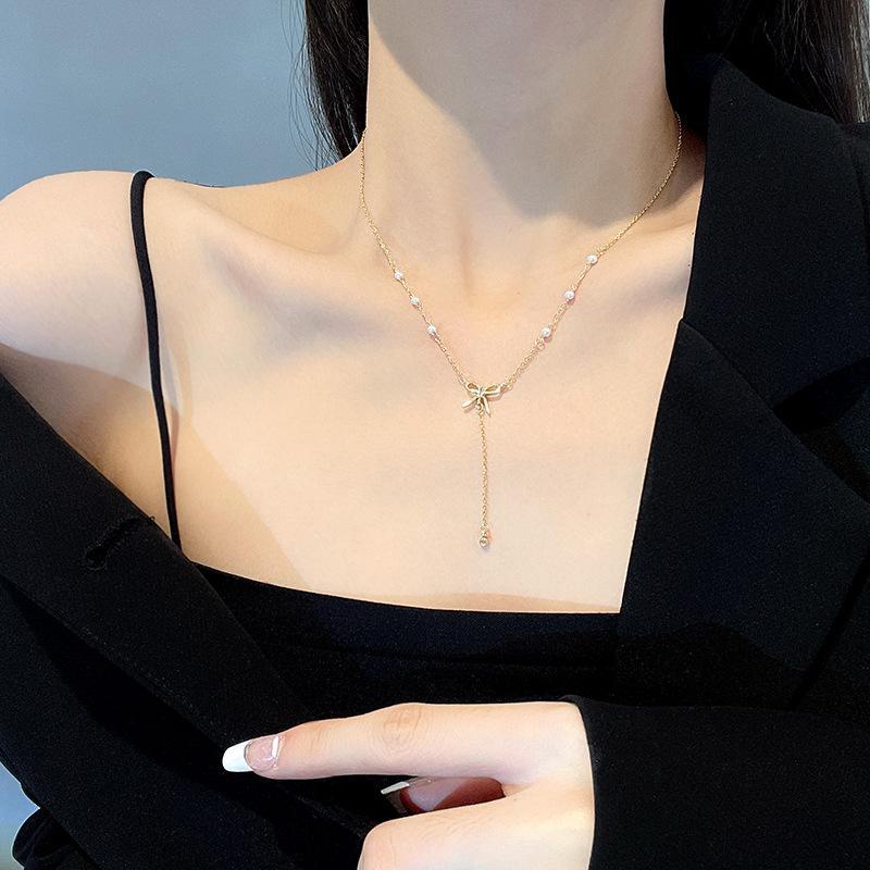 High-End Titanium Steel Bow Tassel Necklace: Elegant, Super Fairy Fashion for Women, Trendy Clavicle Chain