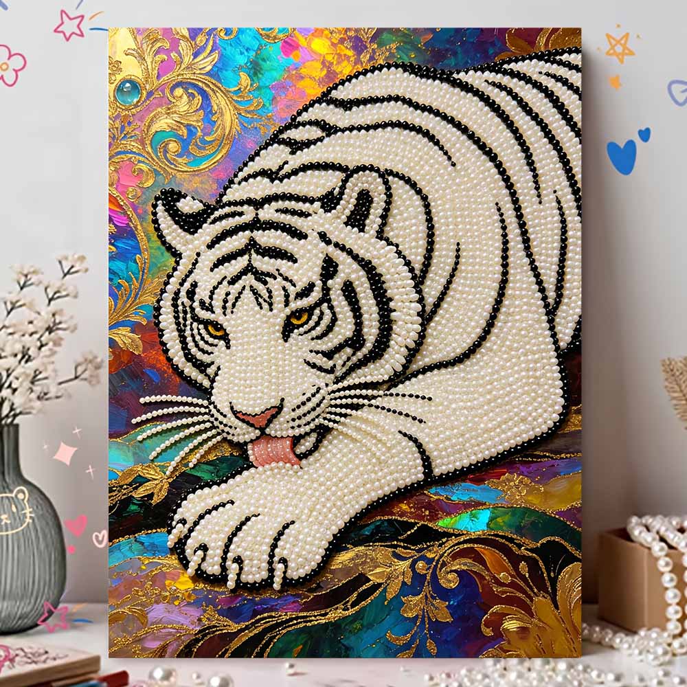 Shiny Pearl Elegant White Tiger DIY Painting Creative Bead Art Craft Household Wall Decoration Nice Present For Art Hobbyists Home Decor Accents
