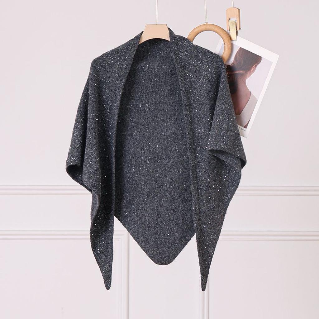 Sequined Wool Blend Cable Knit Shawl for Women - Versatile Winter Warm Scarf
