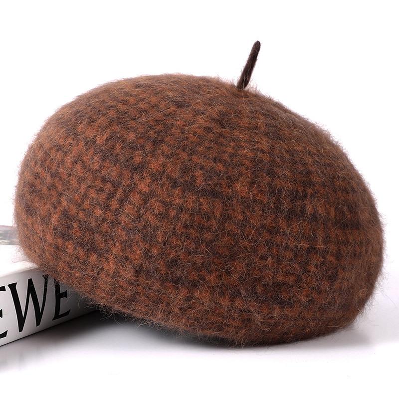 Hat Female Angora Rabbit Wool Blended Plaid Beret Autumn and Winter Retro Warm Pumpkin Hat