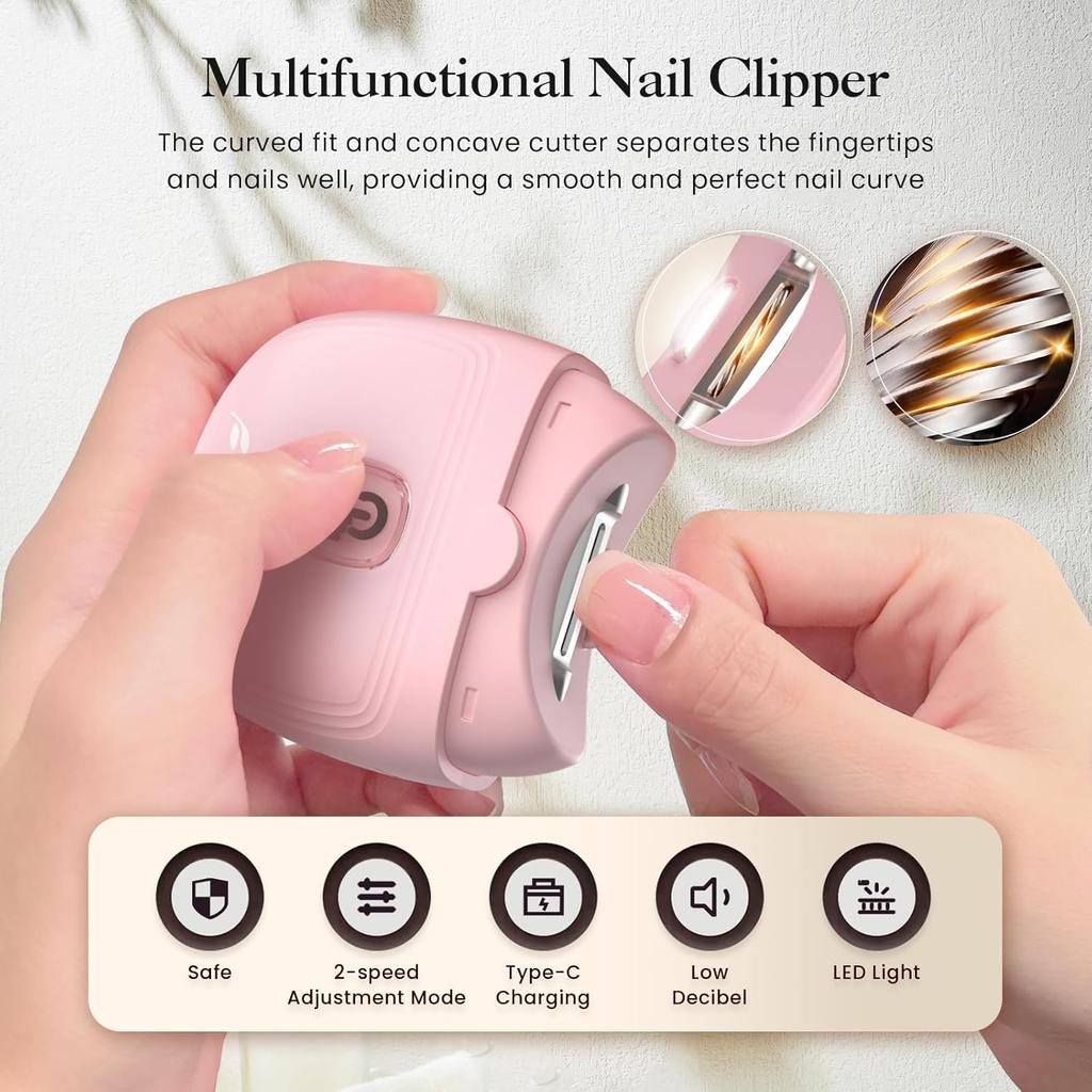 Electric Nail Clipper, Automatic Nail Clipper with 2 Speeds, Rechargeable Nail Clippers with Light, Electric Nail Clippers Nail File Fingernail