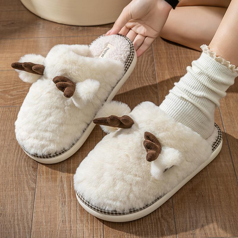 Cute Antlers Plush Cotton Slippers Autumn and Winter Indoor Home Non-slip Silent Plush Warm Couple Floor Mop