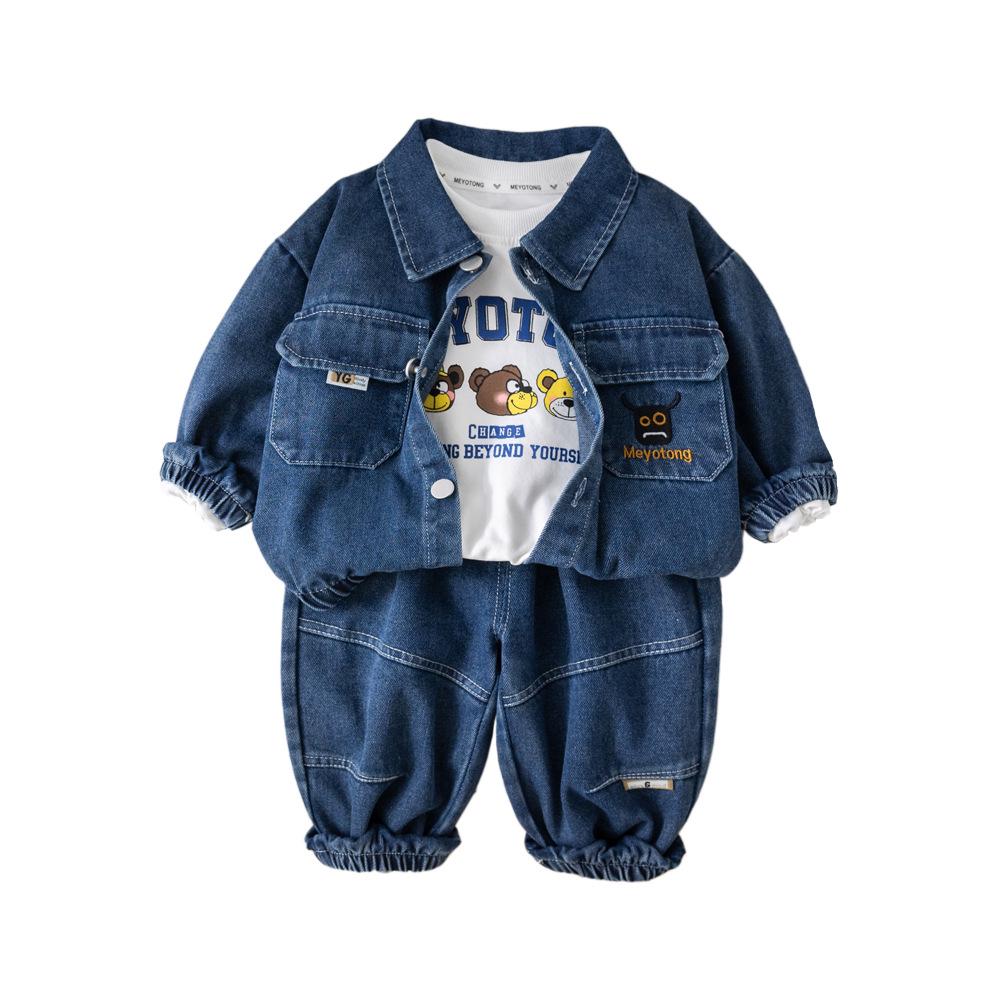 Boys' Autumn 2025 Denim Three-Piece Set: Stylish Long Sleeve Outfit for Kids