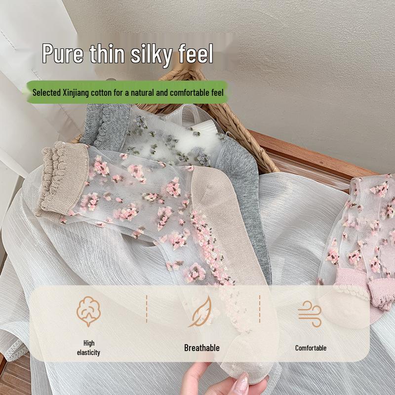 Spring/Summer Floral Lace Mid-Calf Socks - Women's Thin, Anti-Snag, Breathable, Transparent Cotton with Small Flower Design.