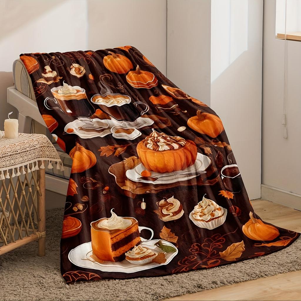 Ultra-Soft Flannel Throw Blanket with Autumn Pumpkin & Beverage Design - Cozy, Anti-Pill Plush for Couch, Bed, Office Naps