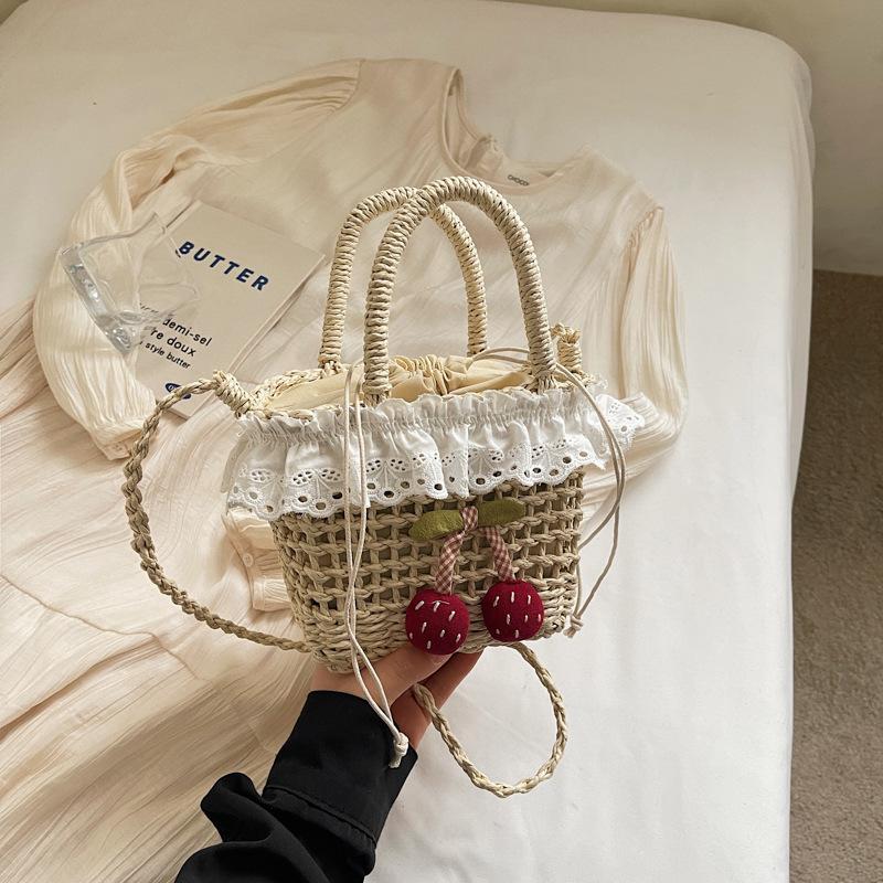 

Cherry Lace Straw Woven Shoulder Crossbody Bags for Women Vacati Ladies Seaside Handbag Hollow Design Drawstring Bucket Bag бежевый