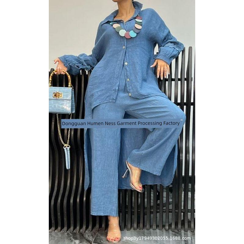 

Casual Foreign Trade Irregular Hem Long sleeve Top Pants set Women Irtop Regular Pants Set Dark blue XXXL