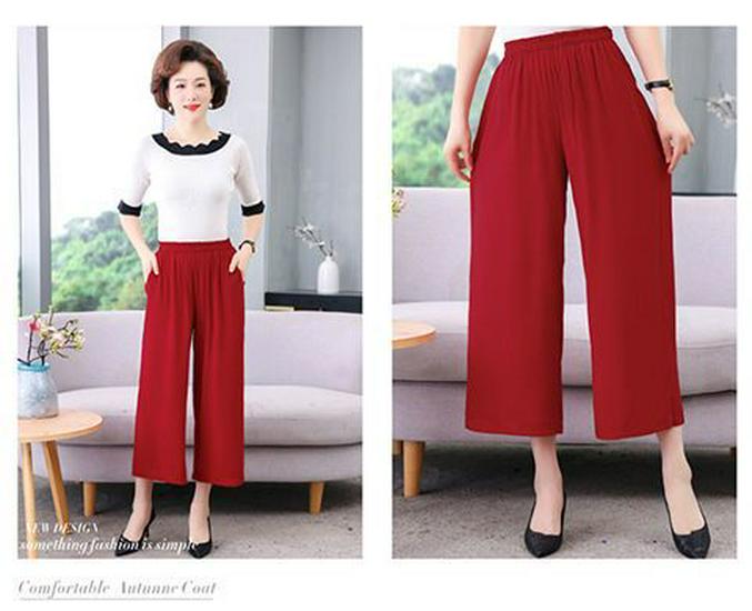 2026 Summer Solid Color Loose Straight Cropped Cotton Silk Pants for Middle-Aged and Elderly Women