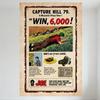 Vintage Military Recruitment Comic Panel Tin Sign CAPTURE HILL 79 Beige Red Border Soldier Prone Rifle Crawling Army Propaganda