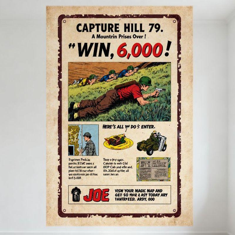 

Vintage Military Recruitment Comic Panel Tin Sign CAPTURE HILL 79 Beige Red Border Soldier Prone Rifle Crawling Army Propaganda 20x30cm（7.8x11.8inch）