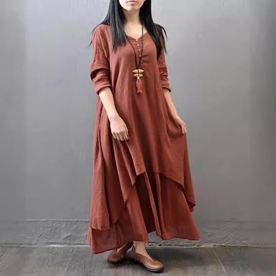2024 Spring/Autumn Faux Two-Piece Long Sleeve Cotton Linen Dress with Large Hem