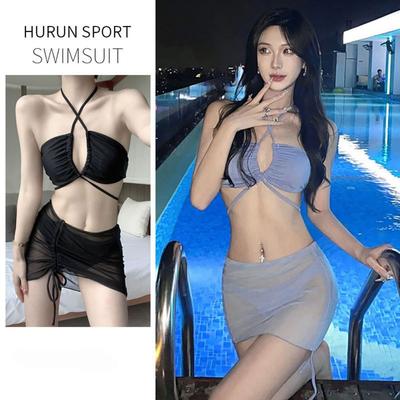 Sexy Lace-up Gauze Skirt Bikini Three-Piece Set Gathered Beach Vacation Seaside Swimsuit