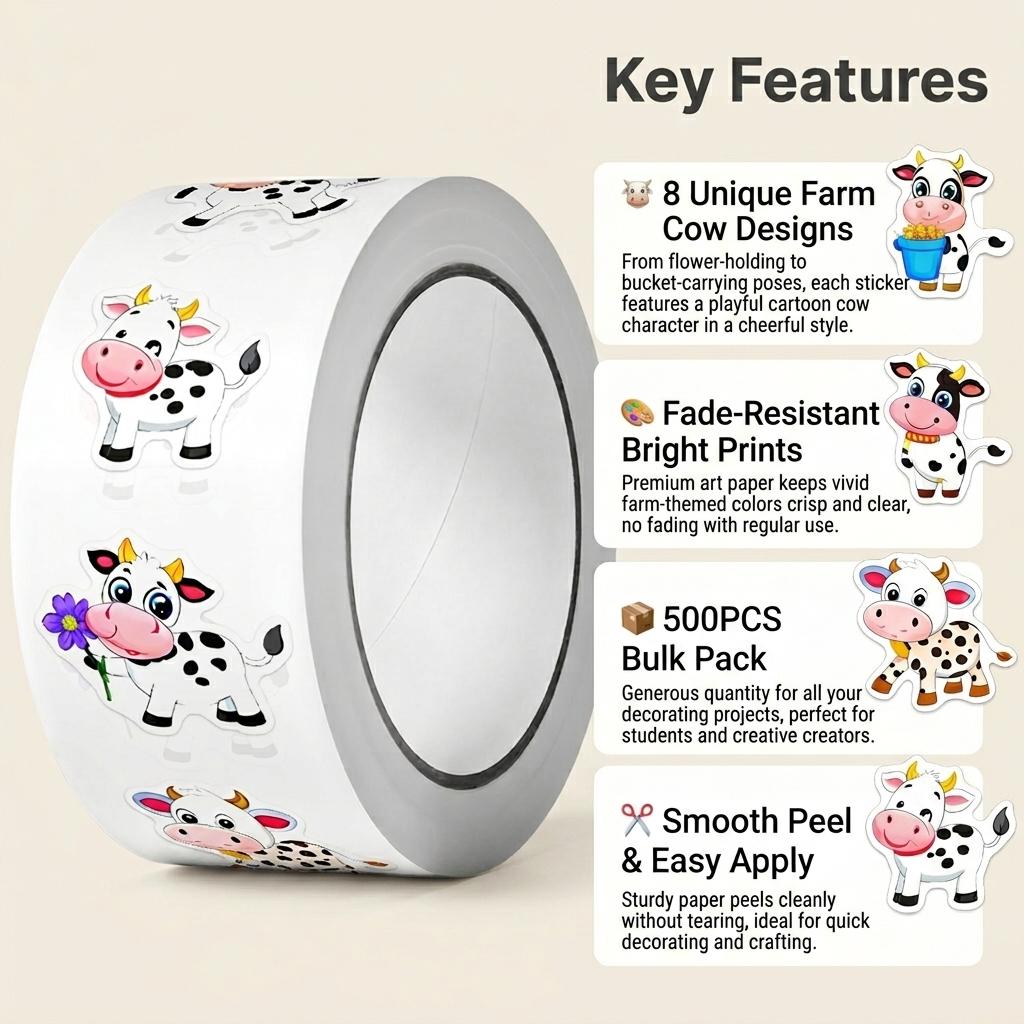 500Pcs/Roll Cute Hard-Working Cows Stickers 2.5cm/1.0'' 8 Designs Decals Diy Adorn Gifts Packaging Home Decoration Sealing Label