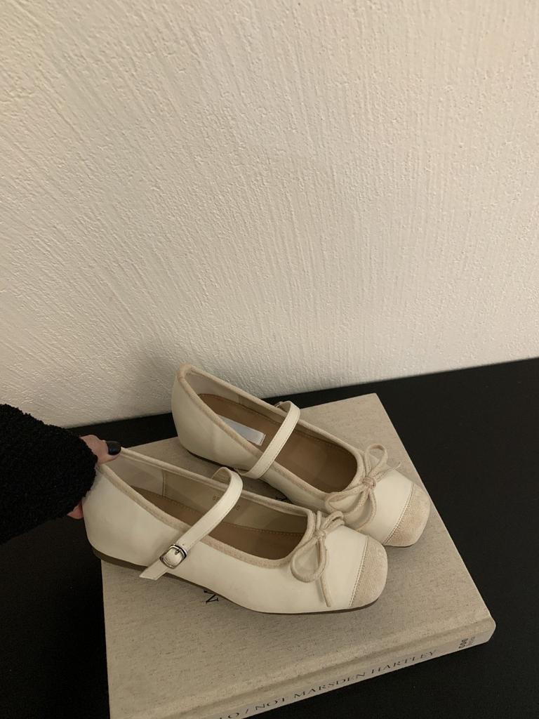 Inner height increase Mary Jane shoes women's spring new bow square head silver splicing flat ballet shoes