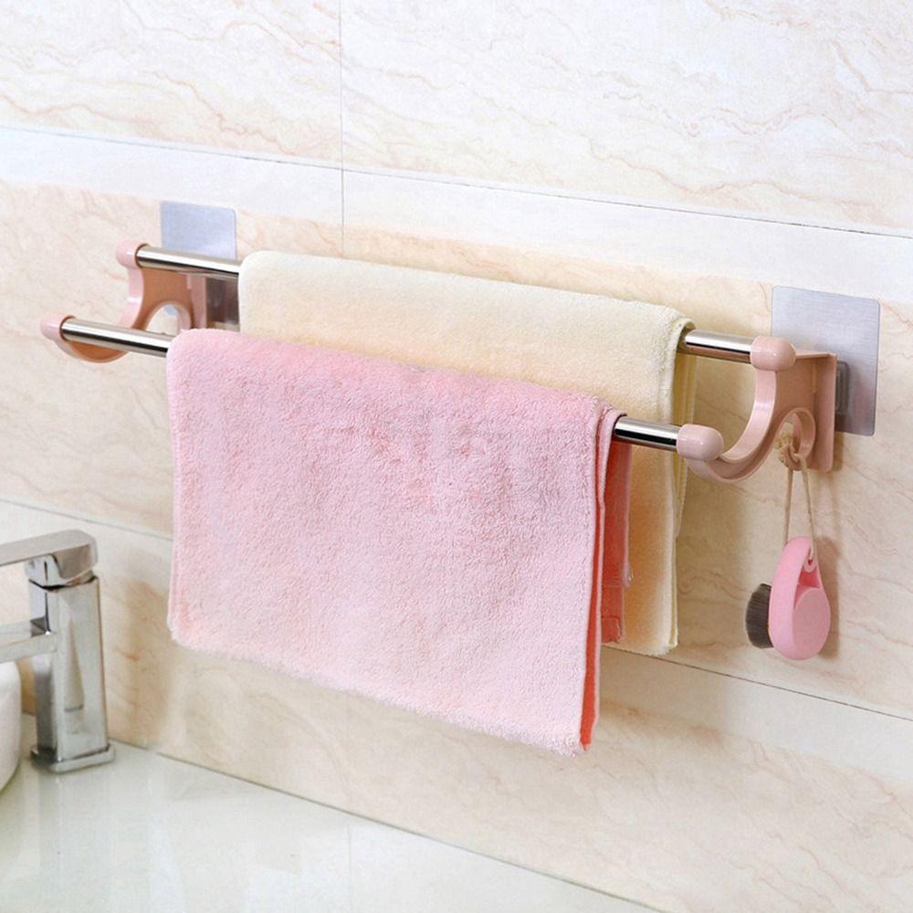 Wall Mounted Double Rod Towel Bar Stainless Steel Towel Storage Shelf Practical Towel Rack  Toilet