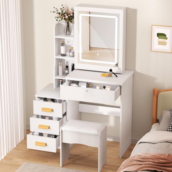 Makeup Mirror Desk Vanity with Sliding and Lights, Bedroom Dressing Table, Lighted Table Drawers & Shelves, Hidden Storage Space Dresser