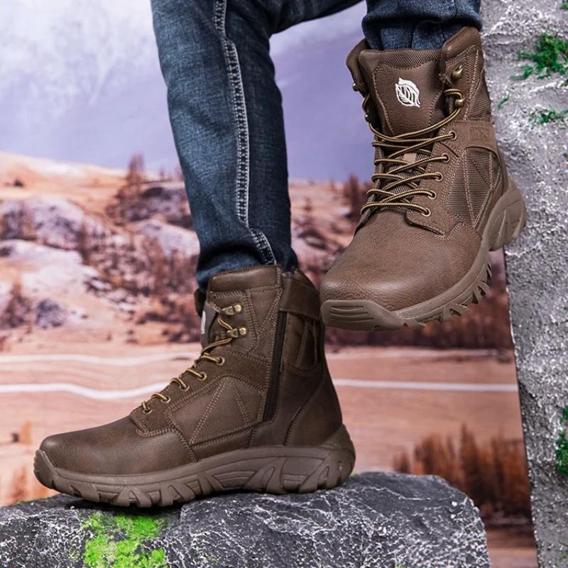 Fashion 2024 New High Top Leather Outdoor Men's Boots Breathable Desert Combat Work Ankle Outdoor Anti Slip Hiking Boots
