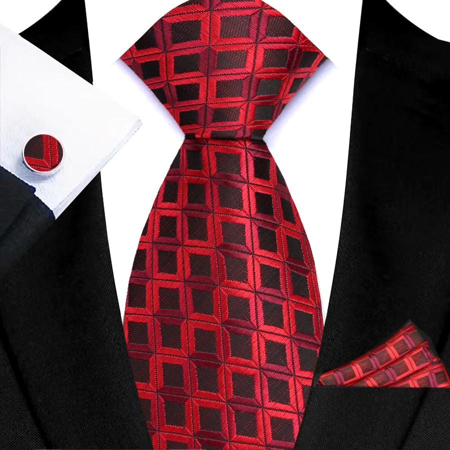 Red Striped Paisley Solid Floral Wedding 8CM Tie For Men Design Mens Necktie Hanky Cufflink Set For Daily Wear Business Party